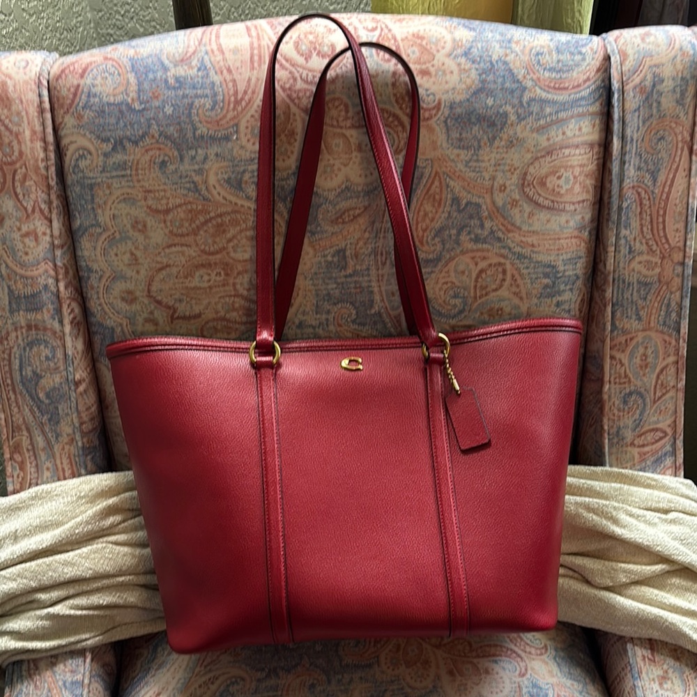 Coach Ruby Red Leather Tote with Structured Design and Sculpted C.